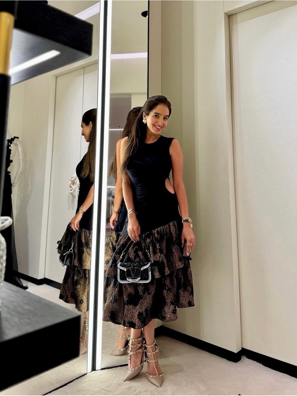 Elegant Black Ruffled Midi Dress - Sleek Cutout Design